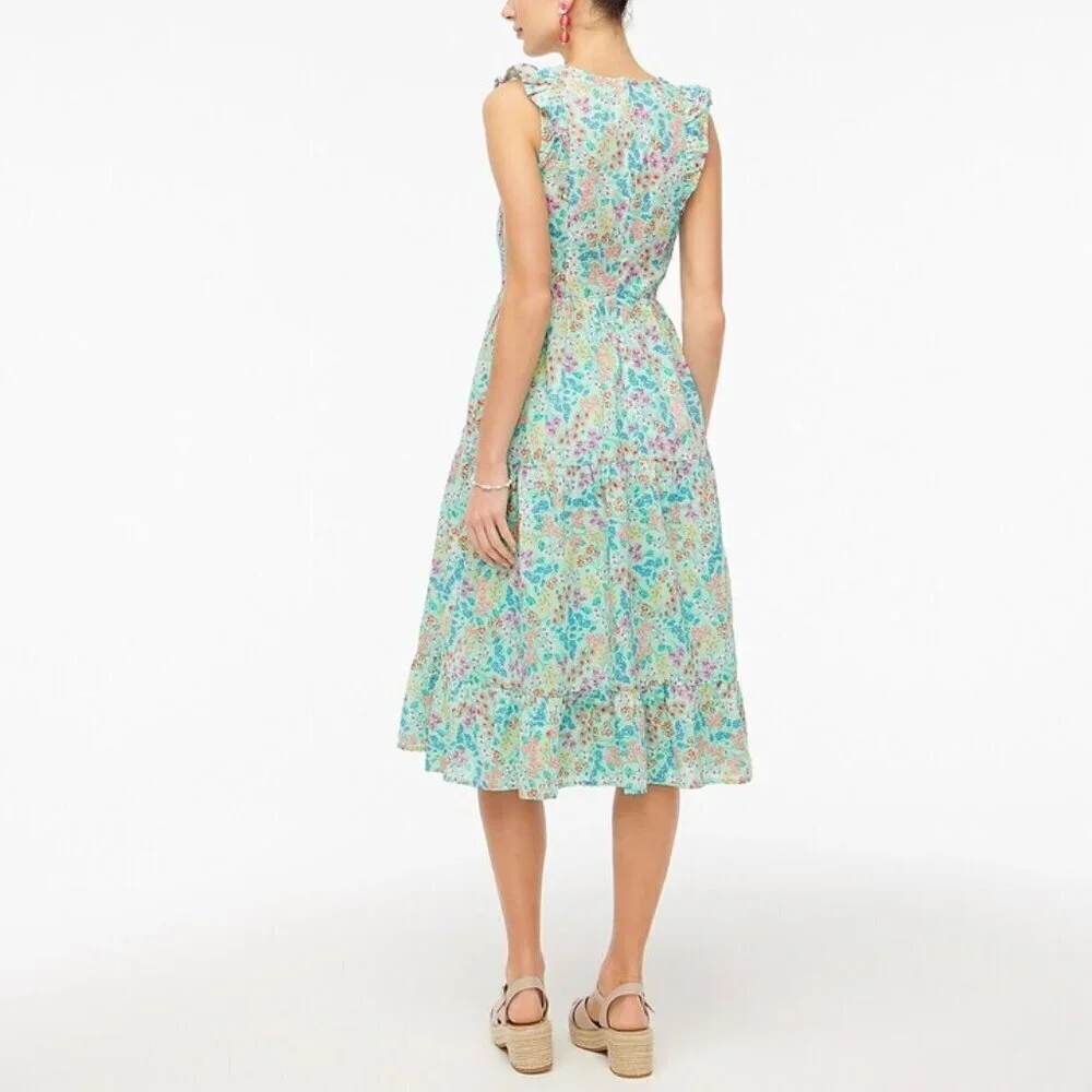 💕J. CREW💕 Printed V-Neck Smocked Midi Dress ~ Fresh Spearmint Floral Print 8